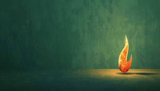 Flame on green background, vibrant cartoonish style, abundant symbolism