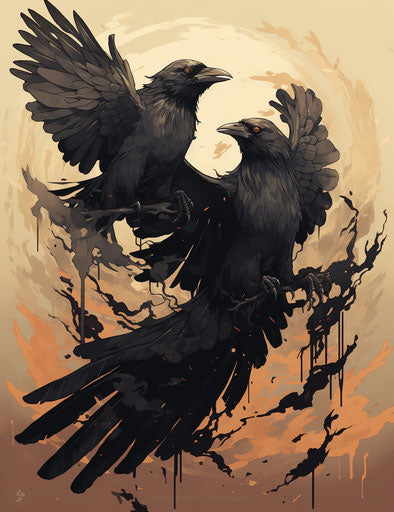 Raven and crow with black wings on beige background