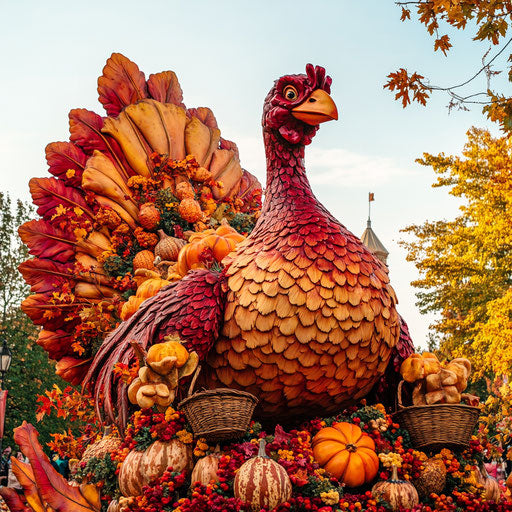 Thanksgiving parade float with giant turkey surrounded by autumn leaves and cornucopias, clear skies and family-friendly