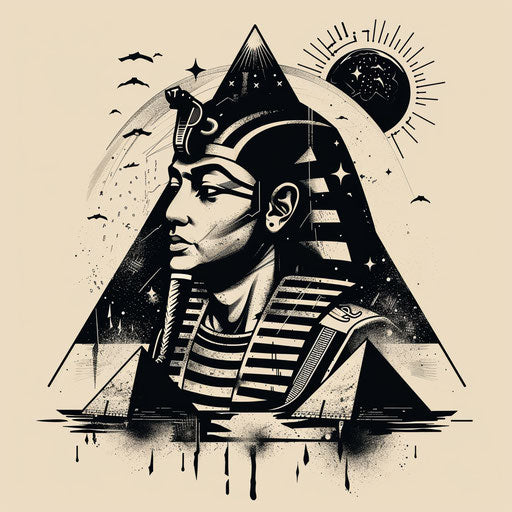 Flat sketch of a pharaoh with Egyptian pyramids backdrop in silhouette