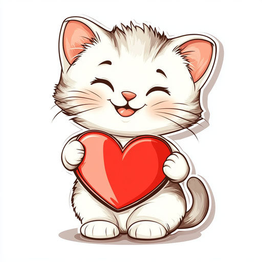 Cute smiling kitten holding red heart on white background