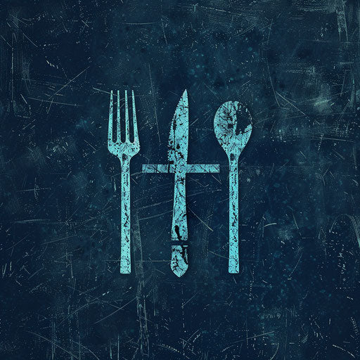 Restaurant logo in navy and cyan with a textured background