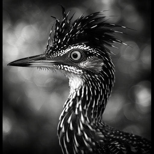 Roadrunner bird in black and white photo, striking contrasts