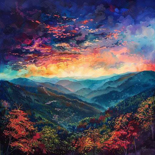 Appalachian mountains in autumn, top view of bustling Gatlinburg at dusk with cotton candy skies