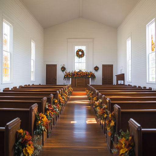 Community church decorated for Thanksgiving with flowers and wreaths