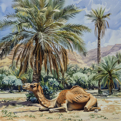 Camel resting in the shade of a date palm