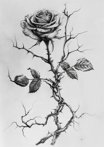Twisted branches tattoo style rose drawing, white background