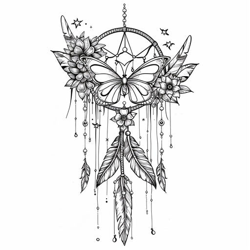 Whimsical dream catcher with fairy wings and magical elements. Coloring book page