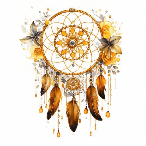 Dream catcher framed in gold floral ornaments on white background