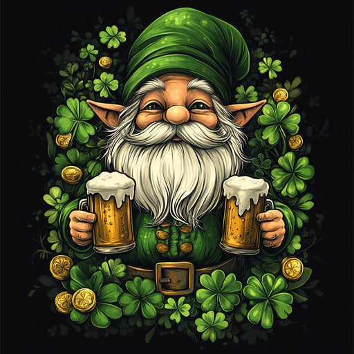 St. Patrick's Day, a cute gnome holding two mugs of beer, surrounded by clovers and gold coins