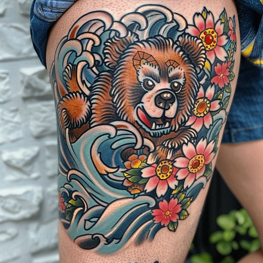 Japanese-inspired teddy bear with waves and cherry blossoms in vibrant colors