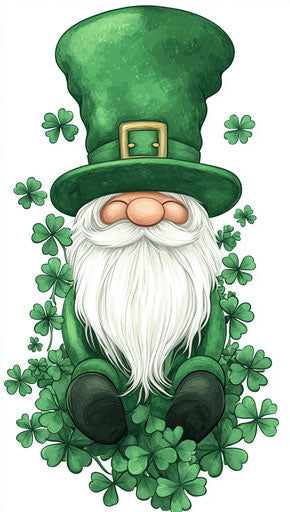 St. Patrick's Day hat, a gnome with a white beard and green top hat surrounded by shamrocks in a clipart sticker style on a white background.