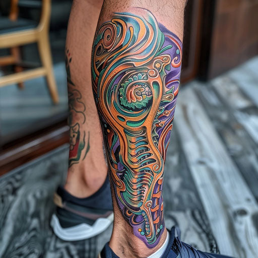 Abstract and colorful biomechanical leg tattoo for men