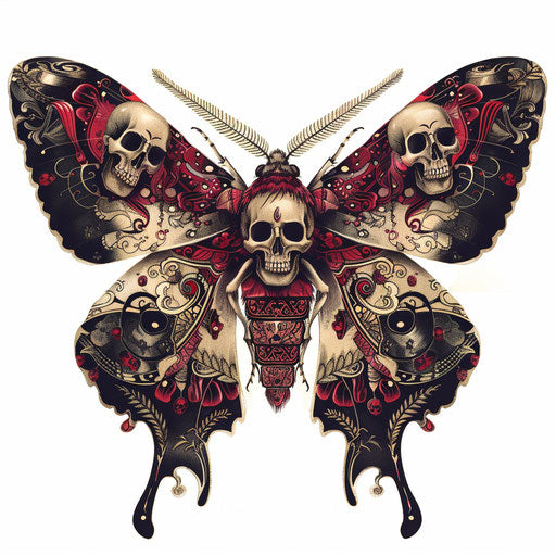 Ornate tattoo design of a death moth with skull patterns on wings, fine detail and natural colors, against a white background