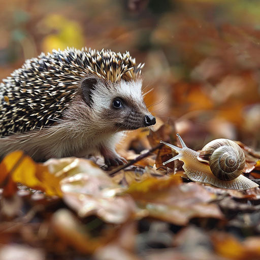 A hedgehog making a curious acquaintance with a snail, a meeting of slow-moving friends.