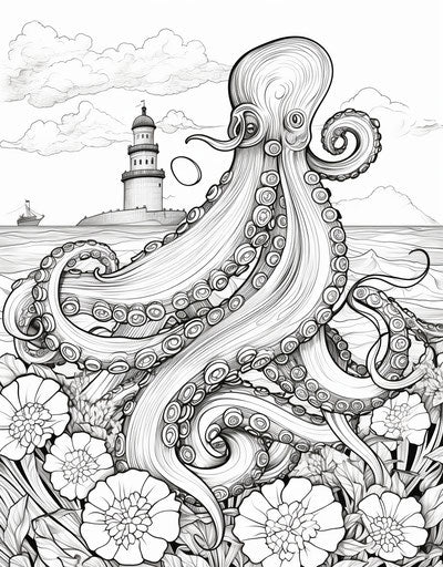 Octopus adult coloring book with wavy lines organic shapes