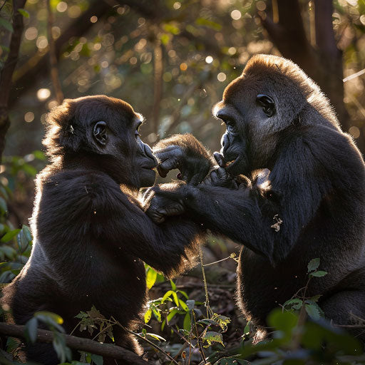 Playful wrestle between two young western lowland gorillas in a sunlit clearing