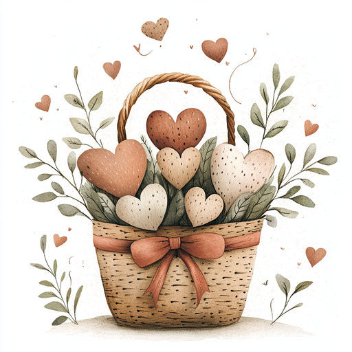 Charming basket of hearts with ribbon and greenery