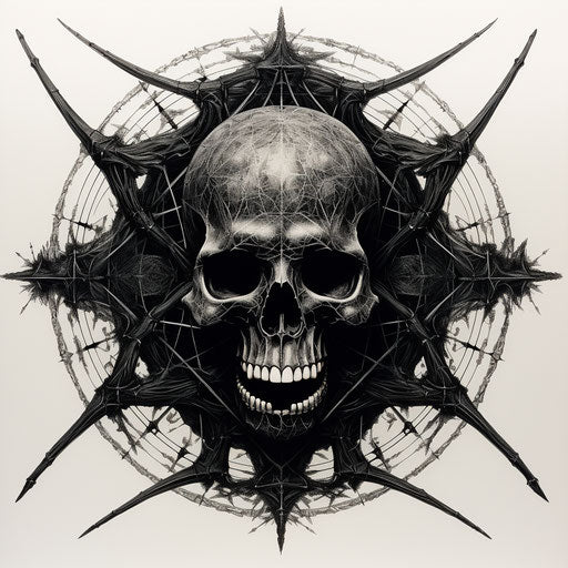 Black spider skull, engraved line-work style, graphic experimentation