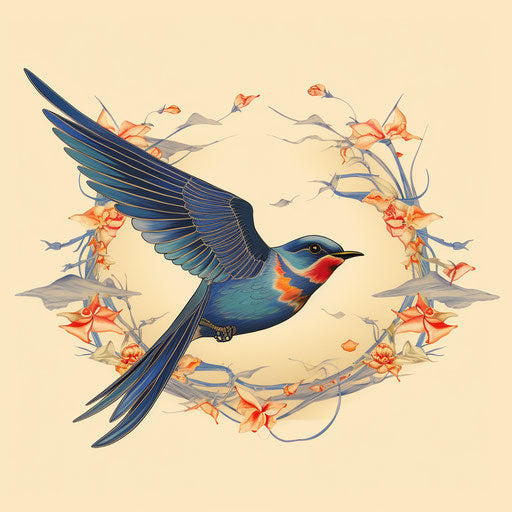 Swallow flying with a blue bird in the foreground