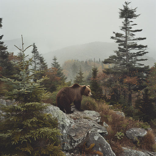 Wildlife on Grandfather Mountain with rugged terrain, in the style of Corey Arnold