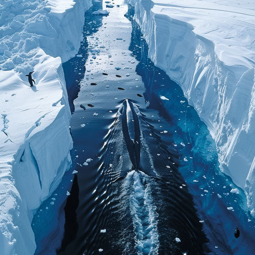 Blue whale navigating icy channels in Antarctica