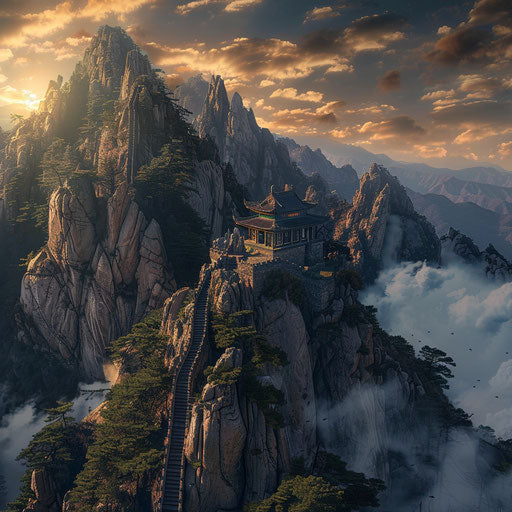 Mount Tai with dramatic lighting and shadows, in the style of Max Rive