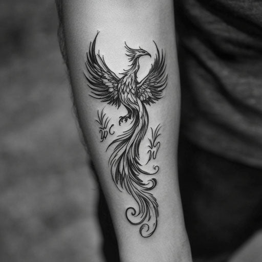 Family tattoos for men, a phoenix rising from the ashes with children's initials, in the style of David Palumbo