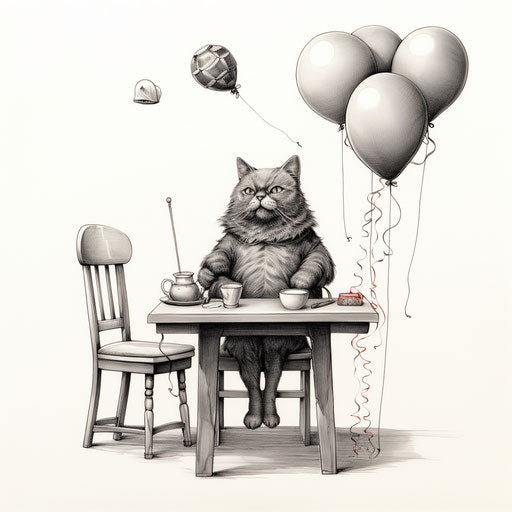 Adult cat with balloons on chair at table, meticulous inking style