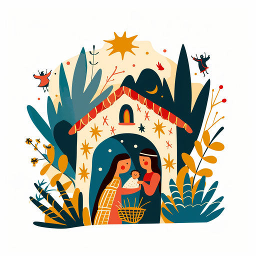 Bright flat clipart style sketch of Nativity scene, festive and joyful