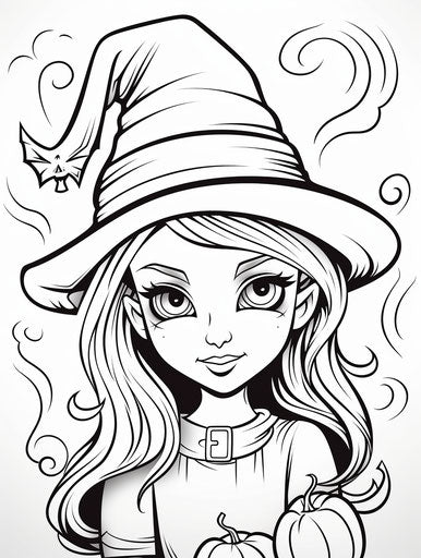 Halloween coloring pages for kids, happy Halloween, in the style of witchy academia, caricature faces