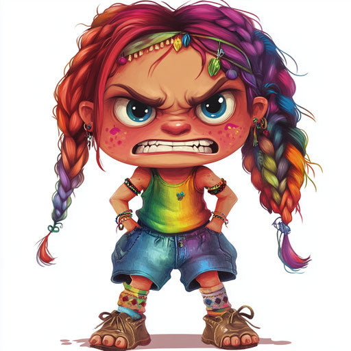 Humorous caricature of a boho rainbow clipart with human characteristics, exaggerated rosy cheeks, big feet, vibrant colors, cartoon style, angry, high-resolution, no background, isolated