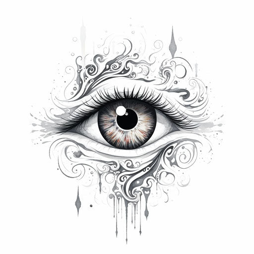 Eye surrounded by swirling circle, surreal cyberpunk iconography