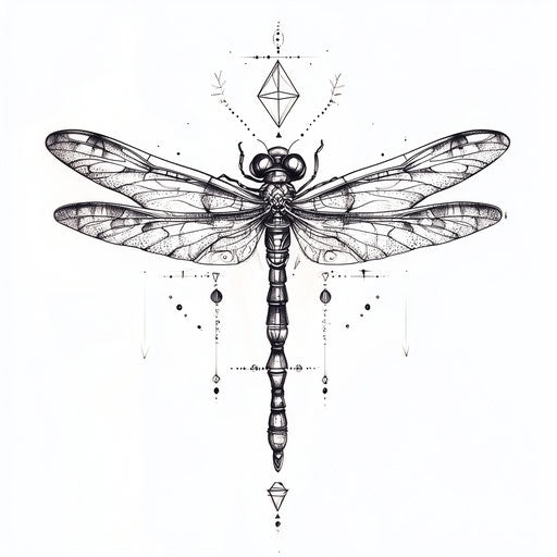 Flat tattoo sketch of a dragonfly with geometric accents on white background