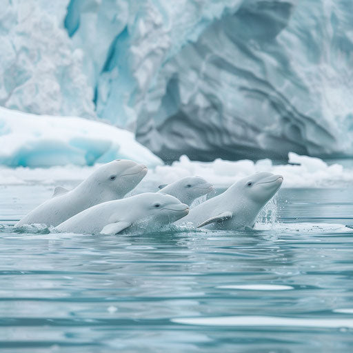 Beluga whale pod navigating through icy waters