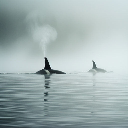 Majestic orcas in morning ocean mist