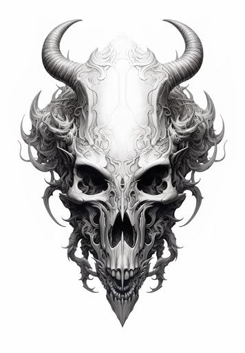 Silver demon skull with horn, intricate pencil style, symmetrical
