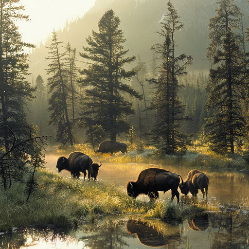 Serene morning in Canadian wilderness, family of bison grazing in dew-covered grass