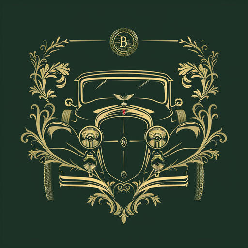 Classic car logo with intricate crest and serif font, on dark green background