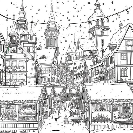 Detailed Christmas market with historical buildings and festive lights