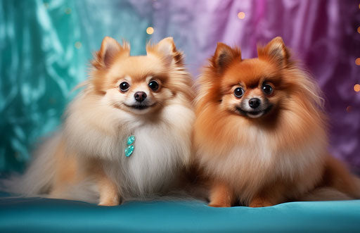 Two small pomeranian dogs sitting on white background