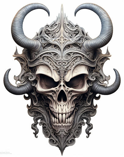 Skull with horns and hat drawing on white background