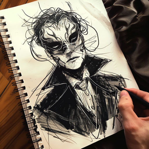 Vibrant flat tattoo sketch of a vampire at a masquerade ball