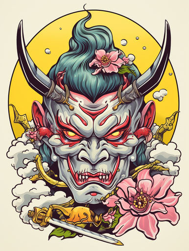 Colorful feminine sticker art style tattoo of ogre with sword