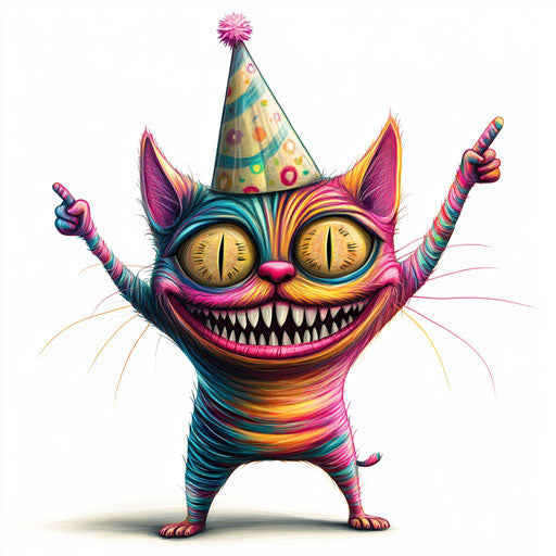 Humorous cartoon of a pet with party hat