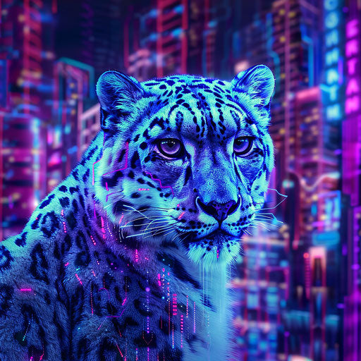 Neon-lit portrait of a snow leopard in a futuristic cityscape