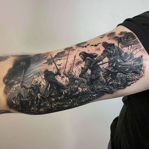 Arm tattoo depicting epic fantasy battles
