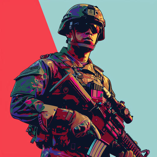 Soldier in realistic style with flat random background