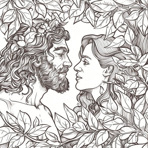 Adam and Eve hiding among the trees after eating the forbidden fruit. Coloring book page