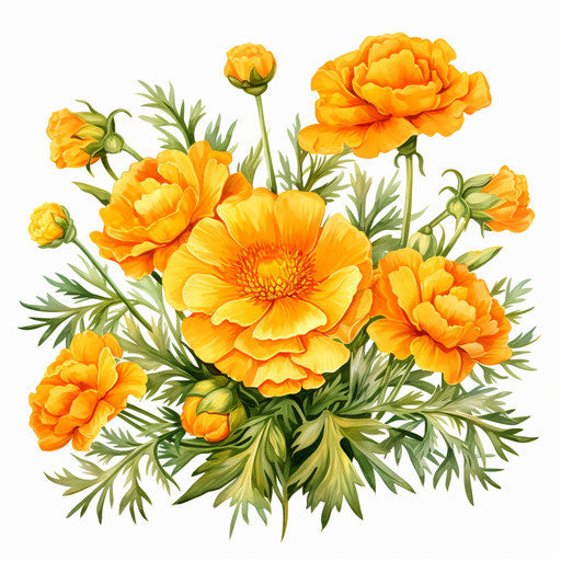 Marigold illustration in the style of oil painting, on white background
